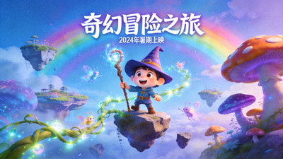 动画电影海报，卡通角色在奇幻世界中冒险