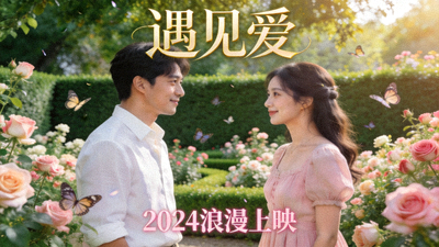 浪漫爱情电影海报，男女主角在花园中相遇