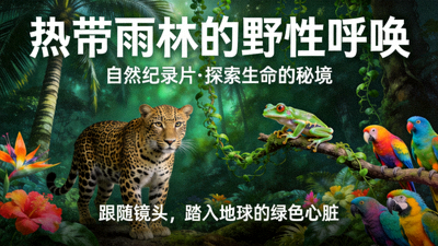 自然纪录片海报，展示热带雨林中的野生动物